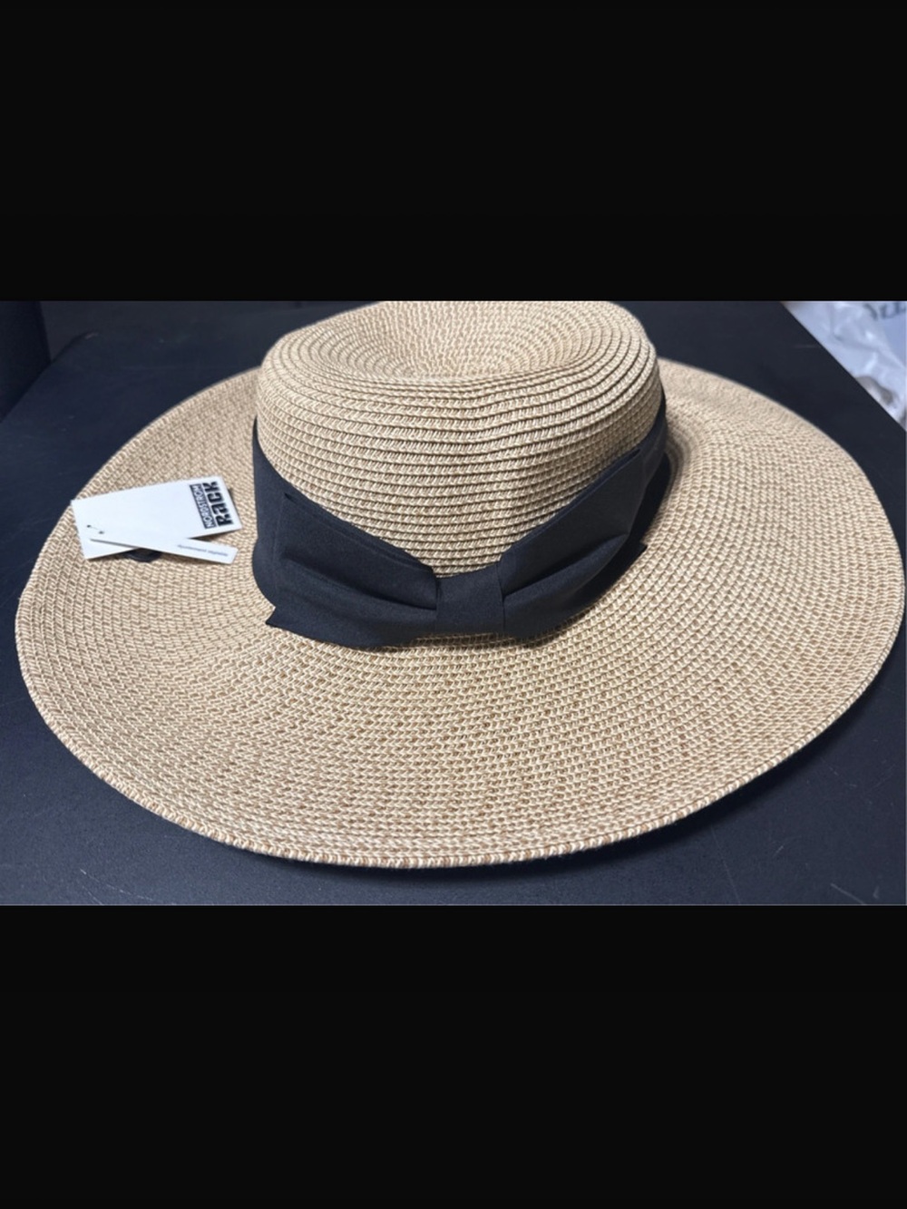 Nordstrom Beige Straw Wide-Brim Sun Hat with Black Bow